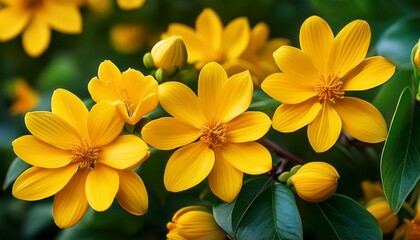 Obraz premium close up of vibrant yellow flowers with bright green foliage in bloom