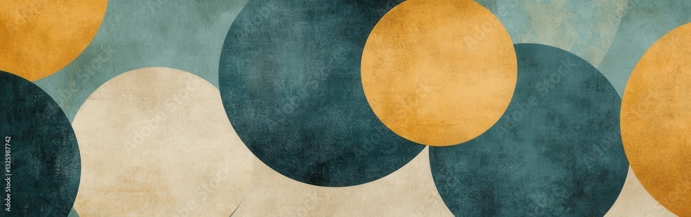 Poster overlapping circular patterns create a dynamic abstract composition with warm and cool tones
