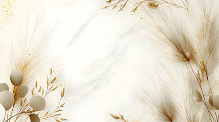 Elegant Beige and Gold Dried Floral Abstract Background Illustration with Marble Texture