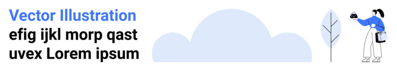 Person holding camera capturing nature near abstract tree and cloud. Ideal for creativity, photography, outdoor exploration, minimalism, nature, digital art, flat landing page banner