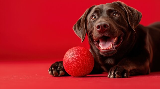Happy dog poses with bright red ball against vibrant red backdrop, creating a playful and lively atmosphere perfect for pet lovers and decoration