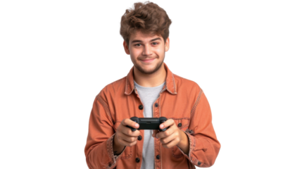 Young man holding a video game controller, playing and having fun on transparent background