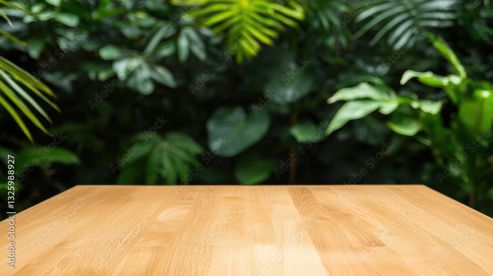 Poster a wooden table in the foreground, set against a lush green backdrop of tropical foliage, creating a 