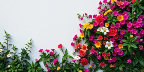 White wall, vibrant floral arrangement, leafy border, floral arrangement,  fresh