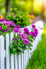 A white picket fence with purple flowers growing on it