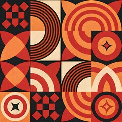 A Vibrant Tapestry Of Geometric Shapes In Warm Reds And Oranges, Creating A Bold And Dynamic Visual Rhythm With A Textured, Earthy Feel