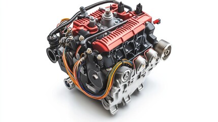 Close-up of a powerful, compact outboard engine with red and silver components, intricate details, and various connections against a white background.