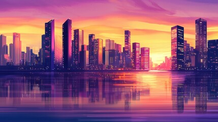 Fototapeta premium Vibrant city skyline at sunset reflecting on the calm water of a river surrounded by tall modern buildings in a colorful evening sky