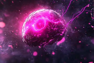 Glowing brain sparks with power amidst cosmic dust; AI, innovation, or tech concept