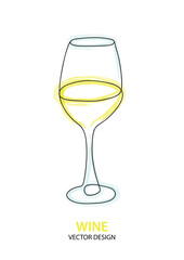 simply colored black brush continuous line drawing of white wine glass isolated on white background with copy space for text	
