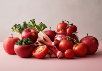 Fresh assortment of red apples, tomatoes, and rhubarb on a pink background