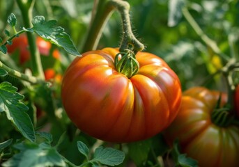 Ripe tomato growing on a vine in a lush garden setting