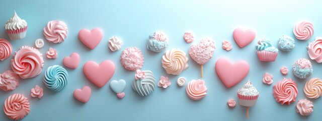 Fototapeta premium Deliciously Sweet and Playful Candy Display Featuring Various Treats and Hearts on a Light Blue Background