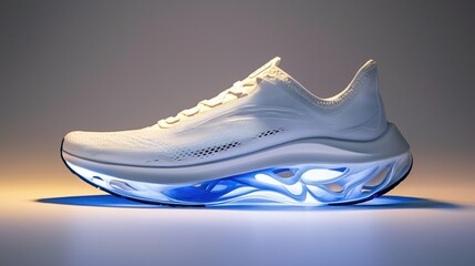 Innovative athletic shoe design with luminous features showcased in a creative lighting display
