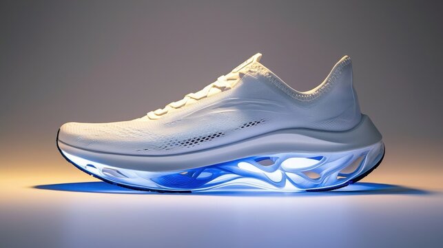 Innovative athletic shoe design with luminous features showcased in a creative lighting display