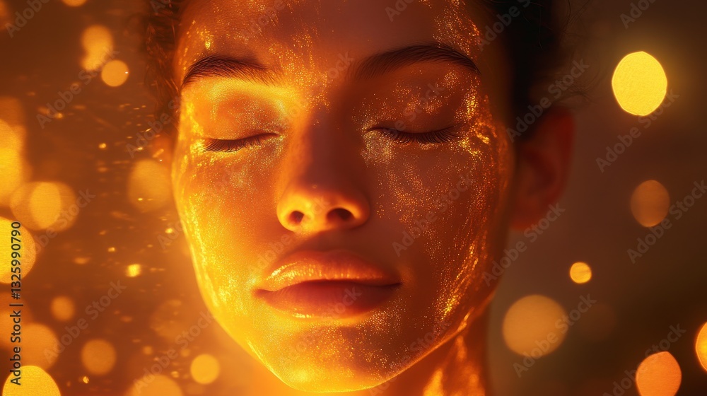 Poster surreal representation of a woman's face illuminated by golden light and surrounded by shimmering el