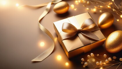 Luxury Easter gift box with a satin ribbon, glowing golden light, and elegant branding space, creating a sophisticated and premium presentation for an upscale gift experience.