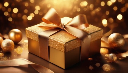 Luxury Easter gift box with a satin ribbon, glowing golden light, and elegant branding space, creating a sophisticated and premium presentation for an upscale gift experience.