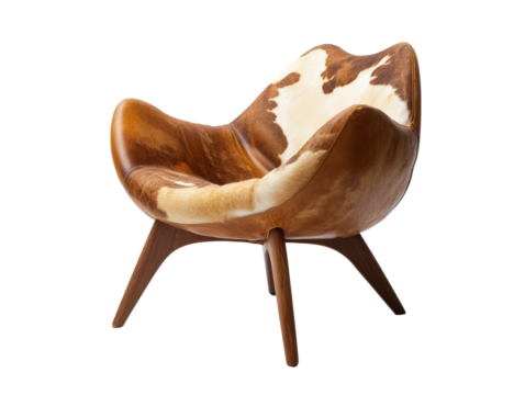 Unique mid-century modern chair with cowhide upholstery