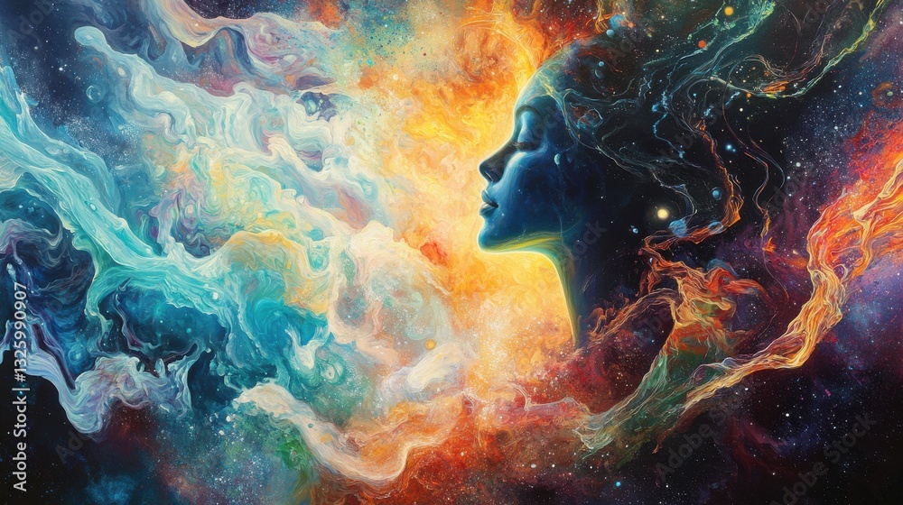 Poster surreal representation of a glowing woman surrounded by cosmic colors and ethereal forms in a dreaml