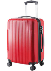 Bright red suitcase with wheels for travel in city setting