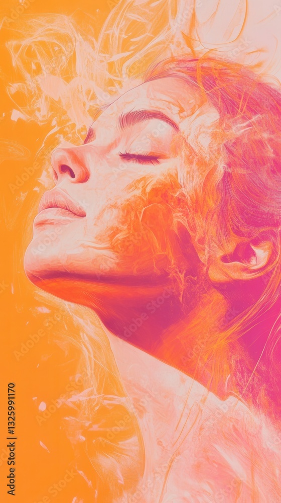 Poster surreal representation of a glowing woman surrounded by vibrant colors and ethereal patterns at dusk
