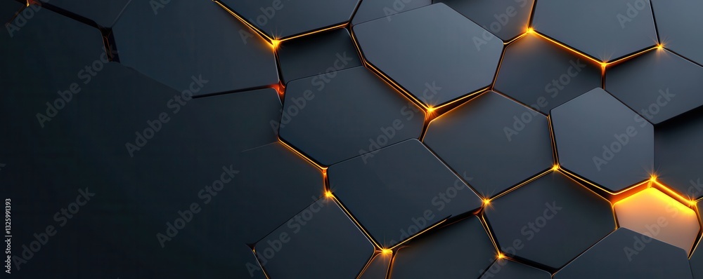 Poster a sleek, modern background featuring hexagonal patterns with glowing orange accents against a dark s