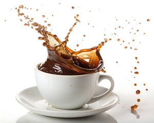 The Exhilarating Rush Of Freshly Brewed Coffee Exploding From A White Cup Against A Bright Background, Capturing The Energy And Aroma Of A Perfect Morning Brew