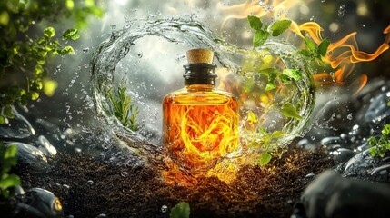 A bottle of oil at the center, with the four natural elements water, earth, fire, and air swirling around it in perfect harmony. Water flows gently, wrapping 