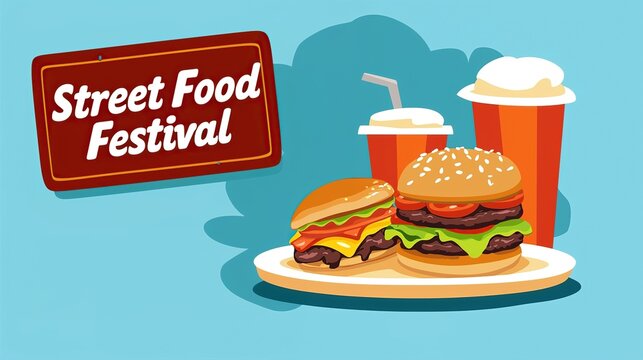https://s.mj.run/zBu3hk2JLJI Street Food Festival banner with text "Street Food Festival". Vector flat illustration of fast food, hot dog, and burger on a plate or fork in orange color and blue backgr