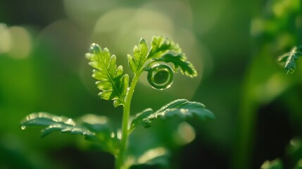 Close-up of Tiny Green Plant with a Water Droplet Curl