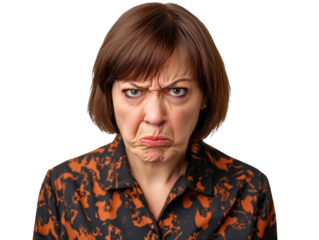 Woman expresses frustration with a displeased facial expression