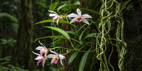 Obraz premium Jungle Orchids Blooming Among Green Vines