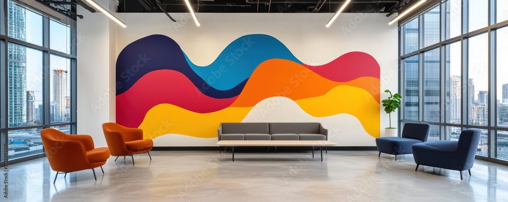 Poster a vibrant office space featuring colorful wave patterns on the wall, with stylish seating arrangemen