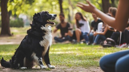 A black and white dog sits attentively in a park, watching a group of people as they interact and engage with each other. Concept Playful Dog, Park Environment, Social Interaction, Pet Observation
