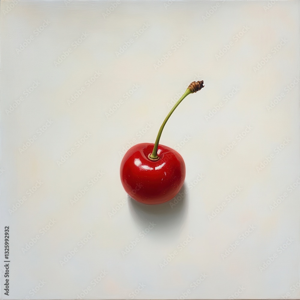 Poster ripe red cherry with green stem resting on a neutral background in soft light
