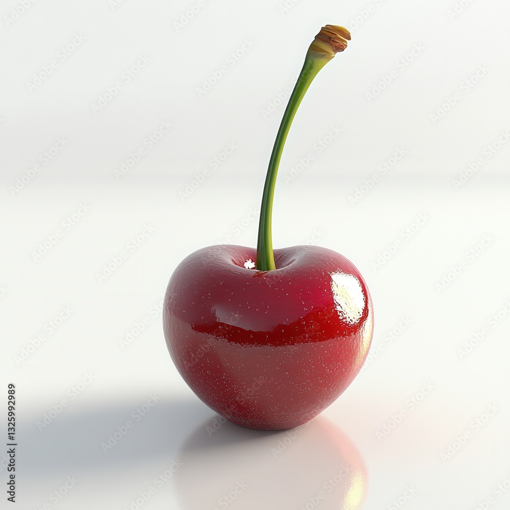 Poster single ripe cherry shines with glossy red surface on a smooth white background in natural light