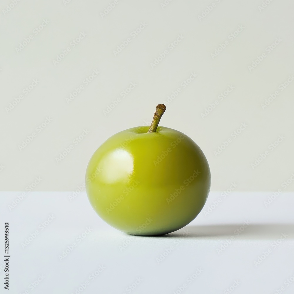 Poster Fresh glossy green olive resting on a smooth surface with neutral background for a simple yet elegant look