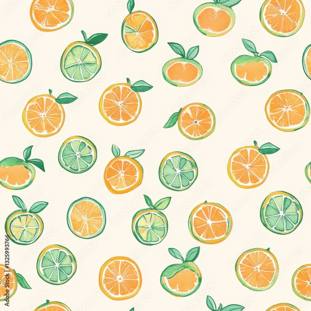 Poster bright watercolor doodle of citrus fruits arranged in a playful pattern on a light background