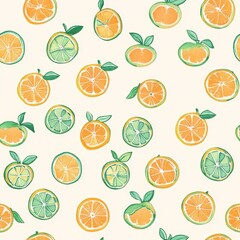 Bright watercolor doodle of citrus fruits arranged in a playful pattern on a light background