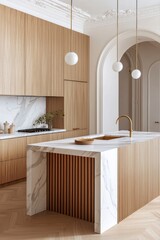 Sophisticated Minimalist Kitchen Featuring Marble and Warm Lighting.