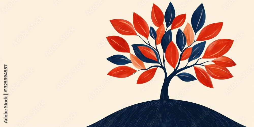 Poster a stylized tree with vibrant red and blue leaves is depicted on a simple background, symbolizing nat