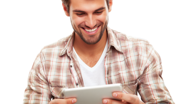 Happy man using digital tablet with transparent background - Powered by Adobe