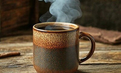 Warm cup of steaming coffee on rustic wooden table with cinnamon stick and blurred background