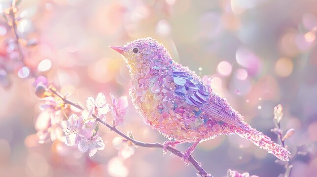 A delicate illustration of a bird that appears alive but is actually made entirely of tiny, colorful flowers. The bird is perched gracefully on a branch, with intricate 