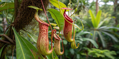 Carnivorous Pitcher Plant with Glossy Red and Green Tubes