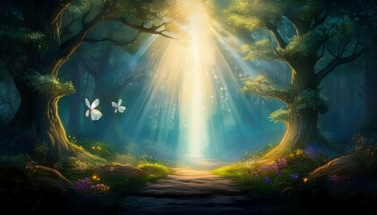 Fototapeta premium Ethereal Easter light beam shining through a dark forest, symbolizing hope, resurrection, and divine light. 