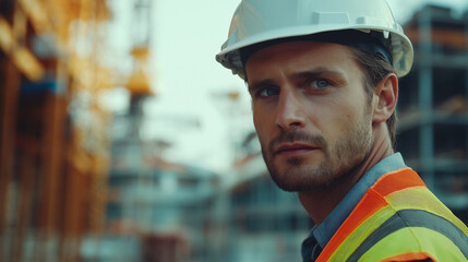 Fototapeta premium A confident construction engineer in a white helmet, yellow vest, and safety glasses stands with arms crossed, overseeing an active site with cranes and scaffolding.
