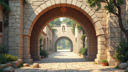 Fototapeta premium A serene view of a cobblestone street leading towards a grand stone archway with an illuminated cross at its peak, set within a tranquil medieval Christian village.