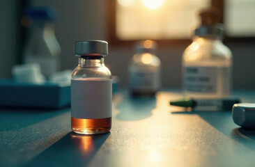 Vaccination vials and equipment set in a sunlit laboratory